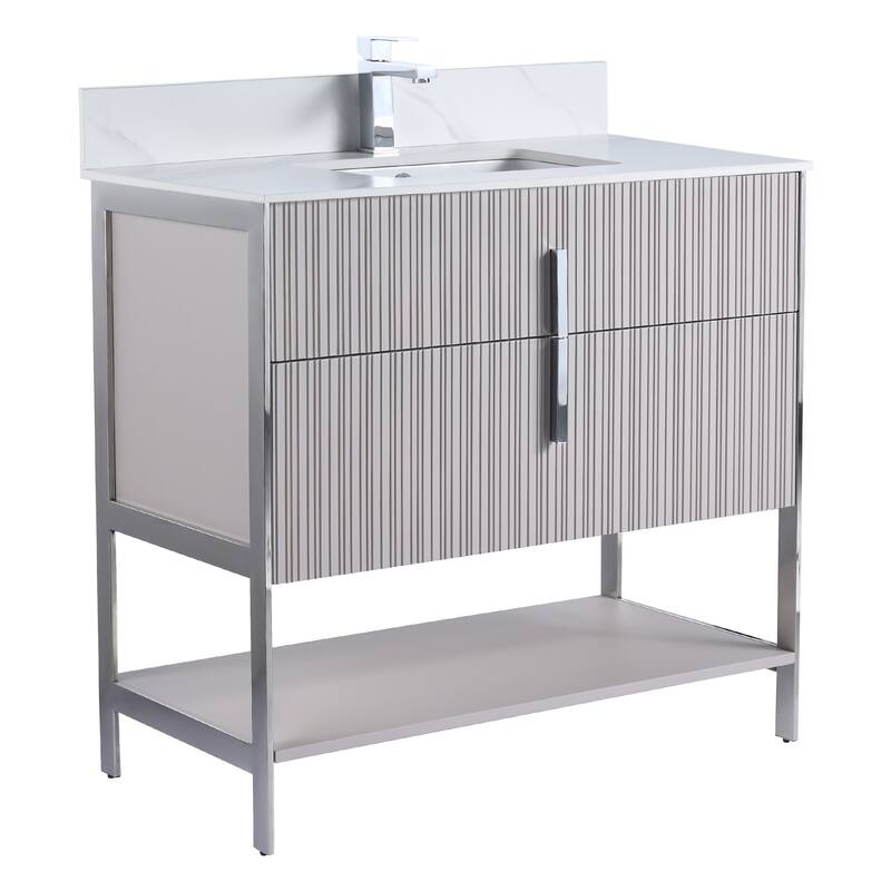 Fine Fixtures Serenity Modern Bathroom Vanity with White Carrara Stone Top - Bright Taupe - Chrome Hardware - 36 inch