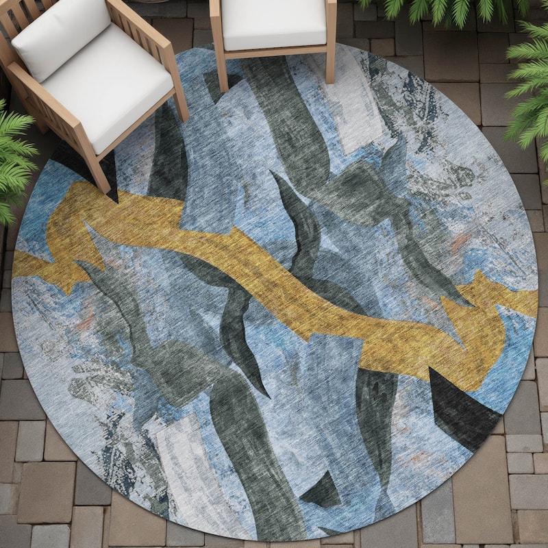 Machine Washable Indoor/Outdoor Contemporary Brushstrokes Chantille Rug - Denim - 8' x 8'