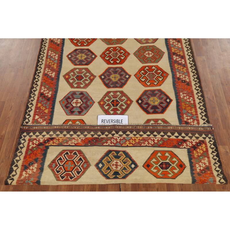 Kilim Qashqai Persian Vintage Rug Orientak Beige Wool Carpet - 5'1"x 8'3"