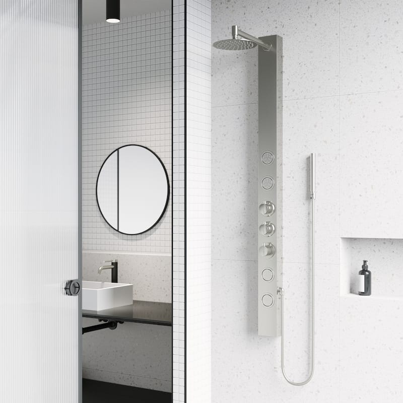 VIGO Sutton 58" H x 4" W 4-Jet Shower Panel with Round Shower Head - Stainless Steel