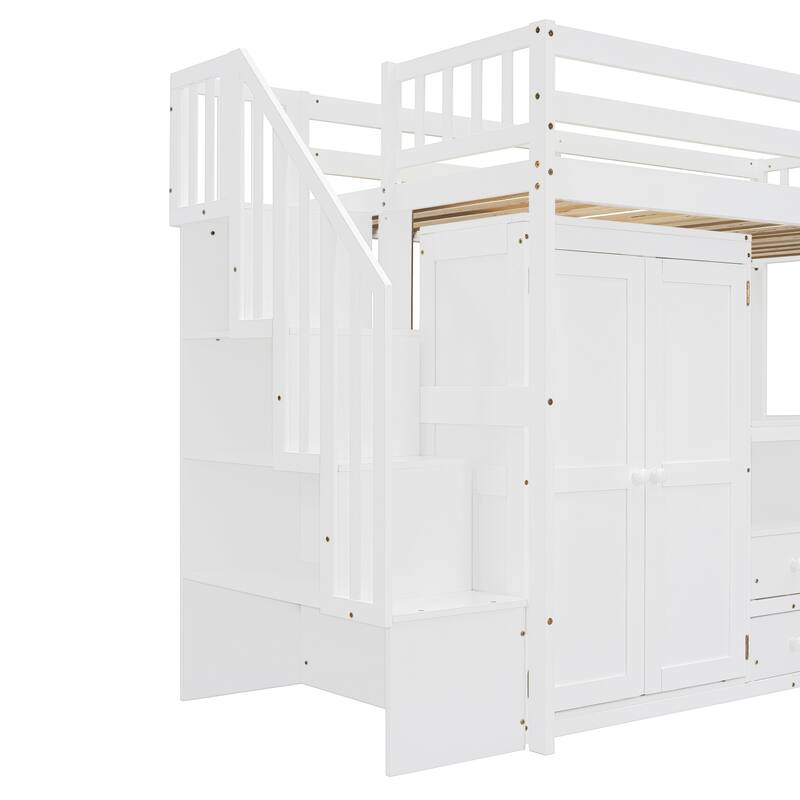 Space-Saving Loft Bed with Shelves Wardrobe, Movable table & Side Desk, Wooden Twin Bed Frmae wiht Storage Stairs & Two Drawers
