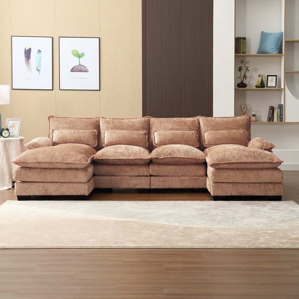 Chenille Upholstered U-Shaped Living Room Sectional Sofa With Wooden Frame