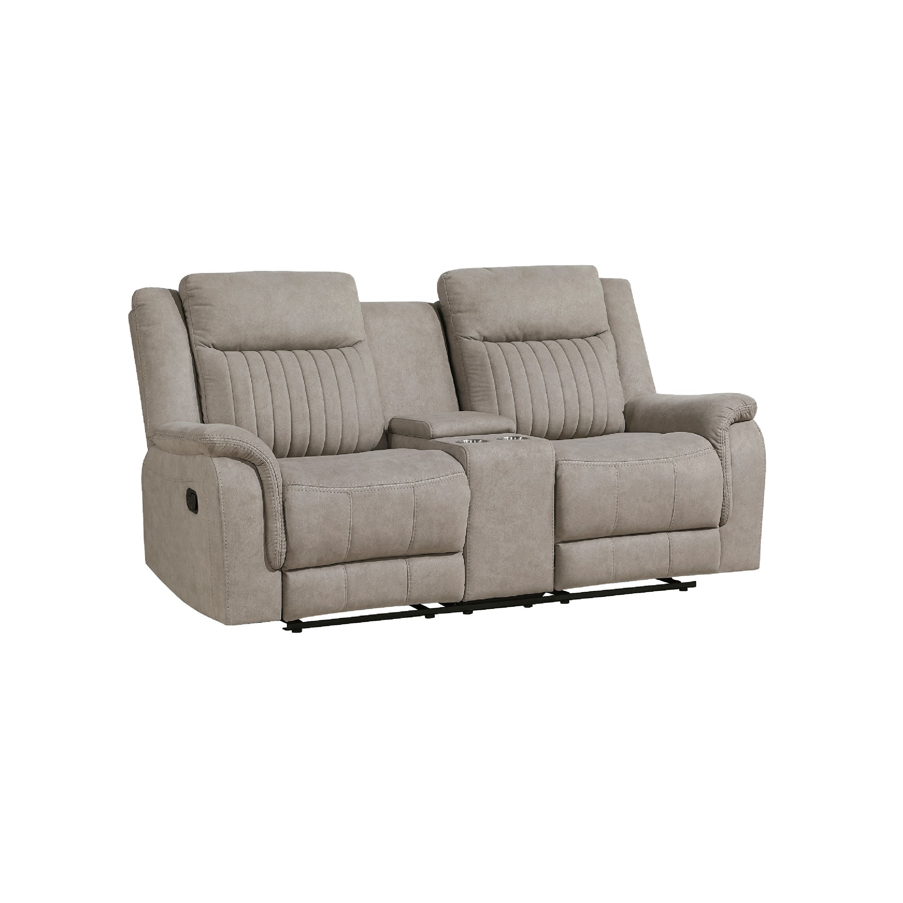 Benjara Lenny Manual Recliner Loveseat w Cupholder Console, Gray Microfiber