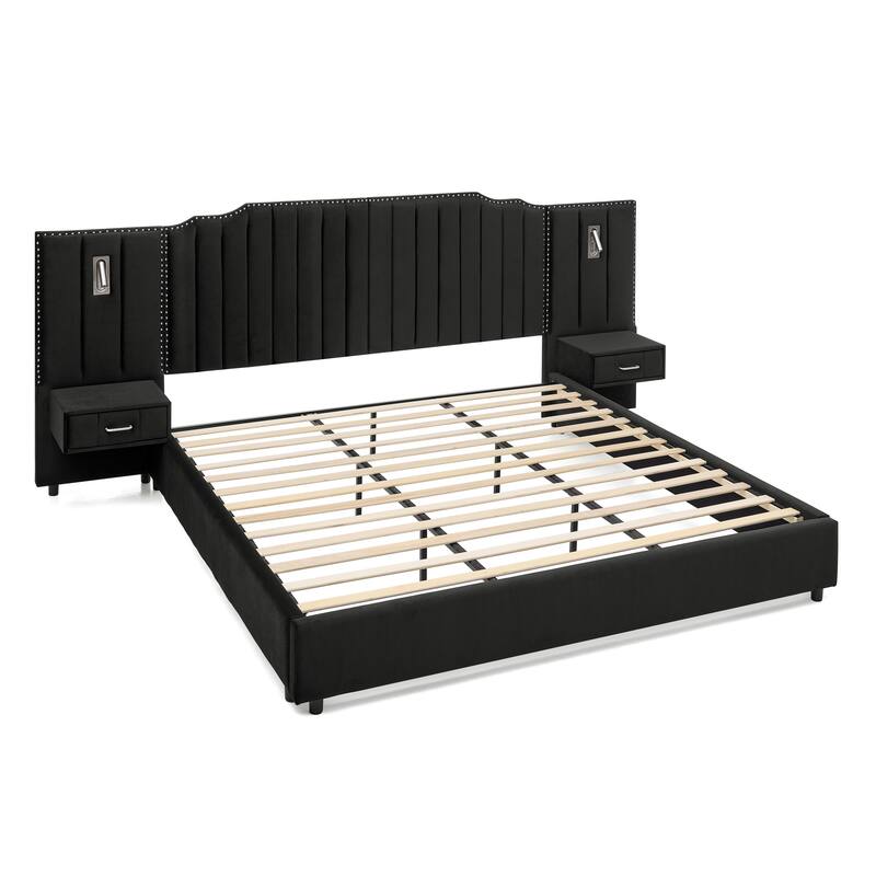 King/Queen Velvet Bed Frame with Vertical Stitch Headboard & Side Table