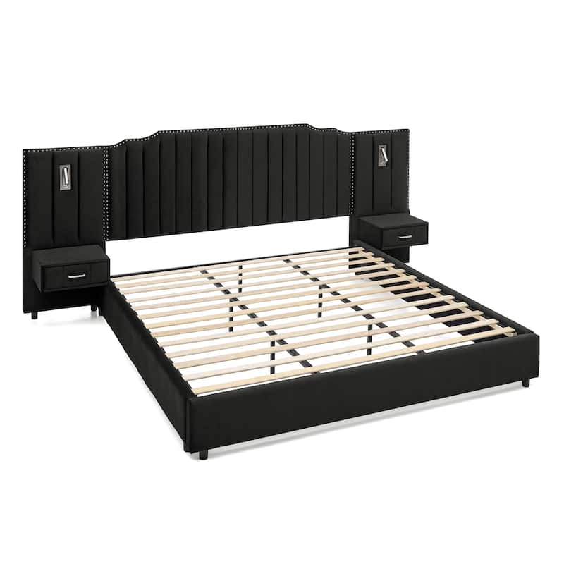 King Upholstered Wingback Platform Bed Frame with Vertical Stripe Enlarged Headboard, Adjustable Lamps & Integrated Nightstand