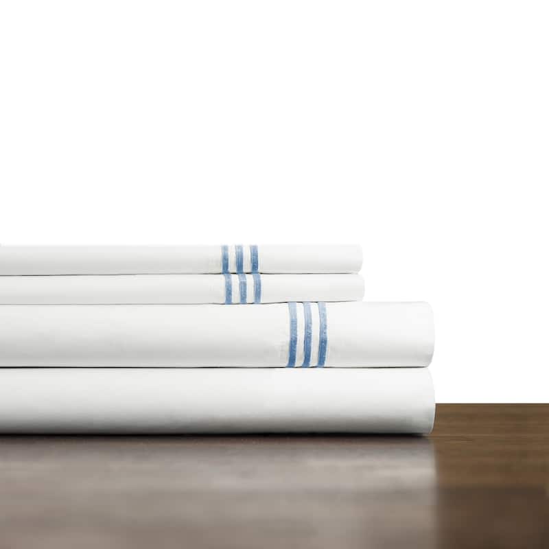 Pointehaven Long Staple Cotton Embroidered Percale Oversized Percale Cooling 4 pc Sheet Set - Queen - Blue