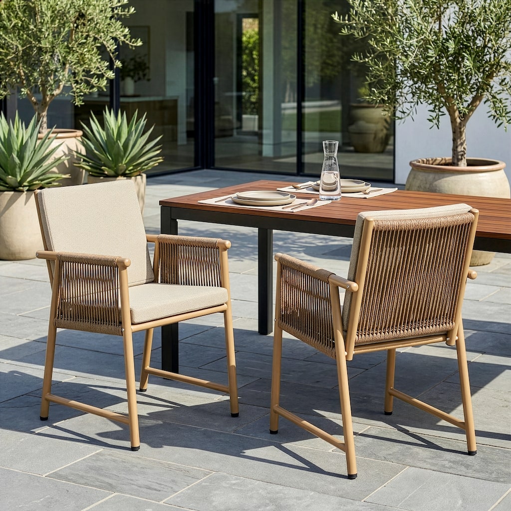Set of 2 Bianca Brown Outdoor Dining Chair with Hand-Woven Rattan Arms