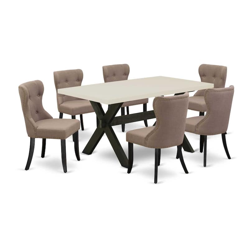 HomeStock 7-Pc Rectangle Natural Oak Finish Solid Wood Top Dining Table with 6 Chairs