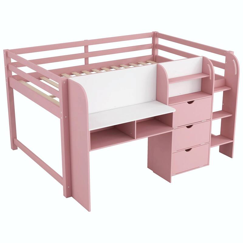 Full Size Low Loft Bed with Built-in Desk, Storage Cabinets, Open Bookcase, and Whiteboard for Graffiti