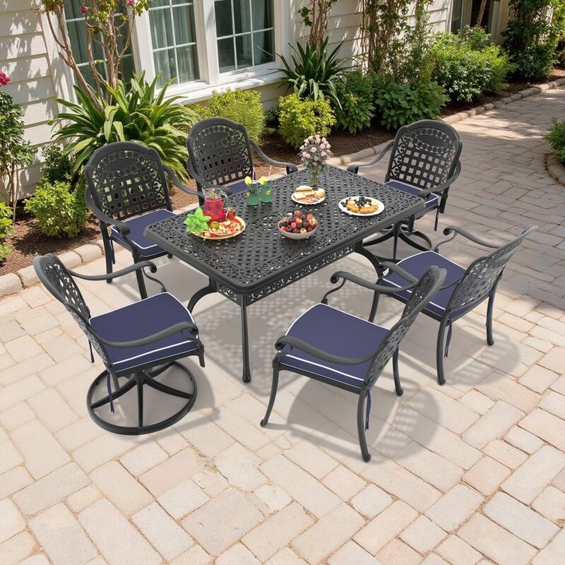 7-Piece Outdoor Dining Set with 1 Table and 6 Chairs, All-Weather Aluminum Outdoor Patio Sets - Black