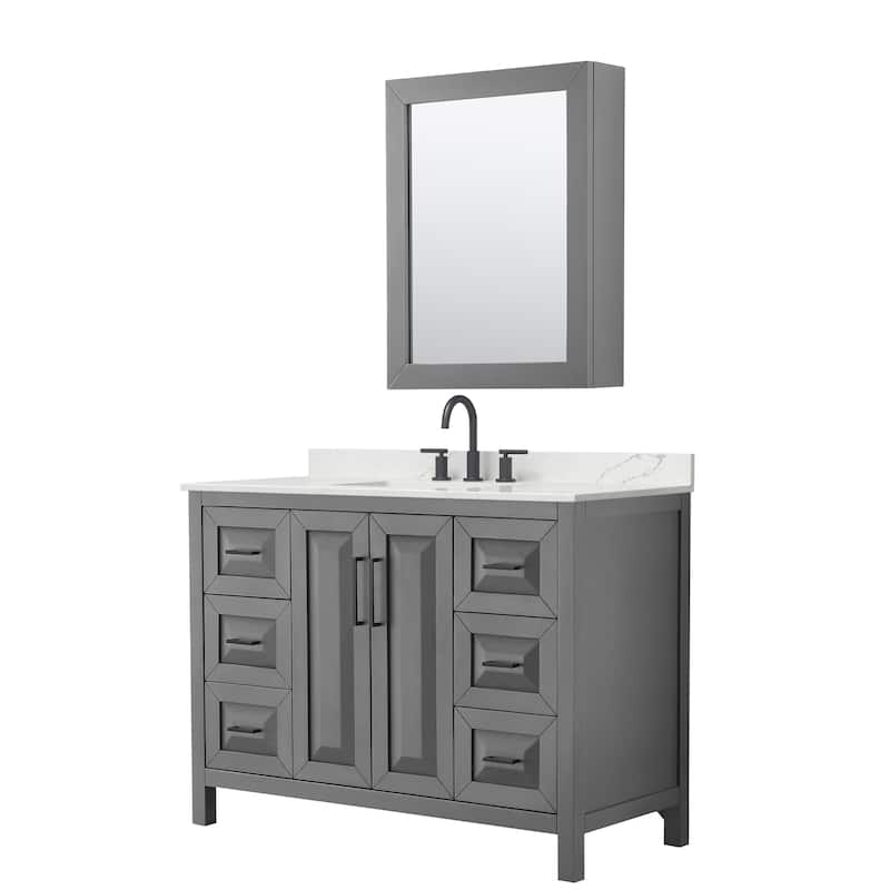 Daria 48-inch Single Vanity, 3 Hole Quartz Top, Med Cabinet - Dark Gray, Black Trim, Giotto Quartz Top