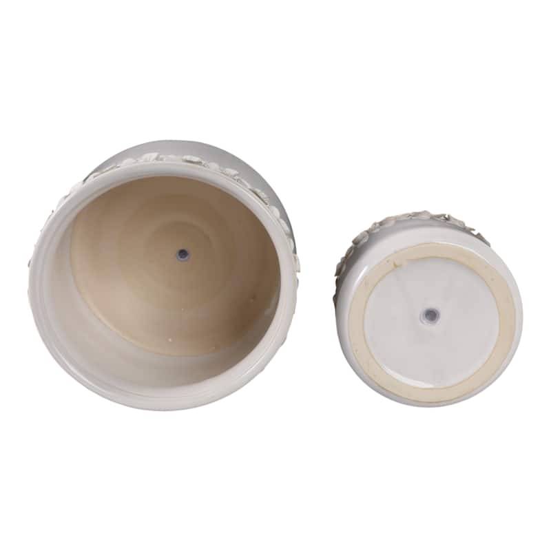 Ceramic Round Planter Sculpted Floral Rim Detail and Drainage Hole