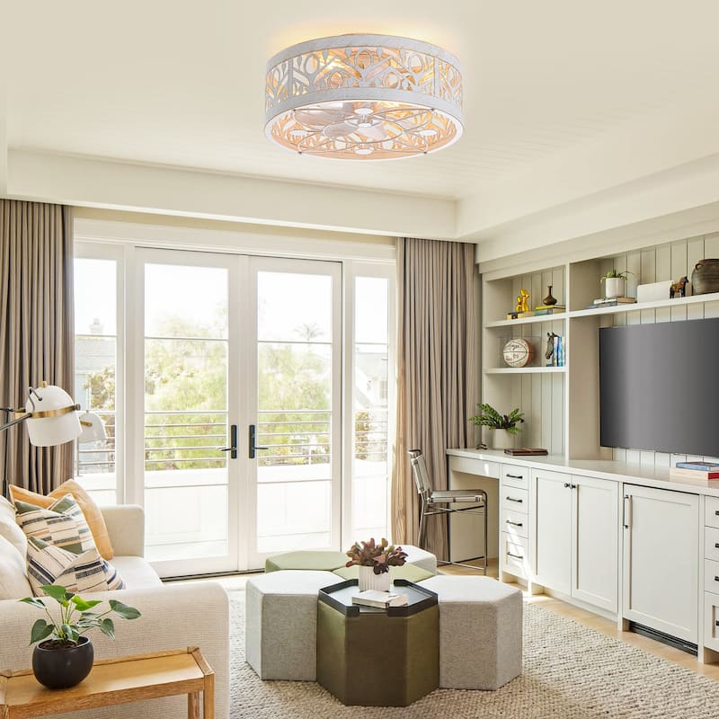 20" 7-Blade Distressed White Flush Mount Caged Ceiling Fan with Light Remote