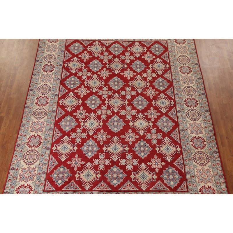 Red Geometric Kazak Area Rug Handmade Oriental Wool Carpet - 9'0"x 12'5"