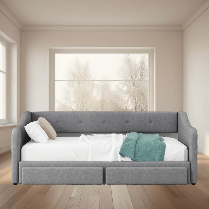 Twin XL to King Upholstered Daybed with Two Drawers and Pop-up Trundle, Expandable for Guests Room, No Box Spring Needed - Grey - Twin