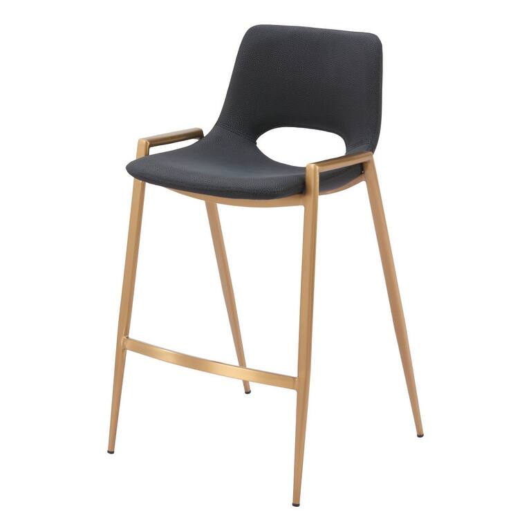 Set of Two 26" Black And Gold Faux Leather And Steel Low Back Counter Height Bar Chairs