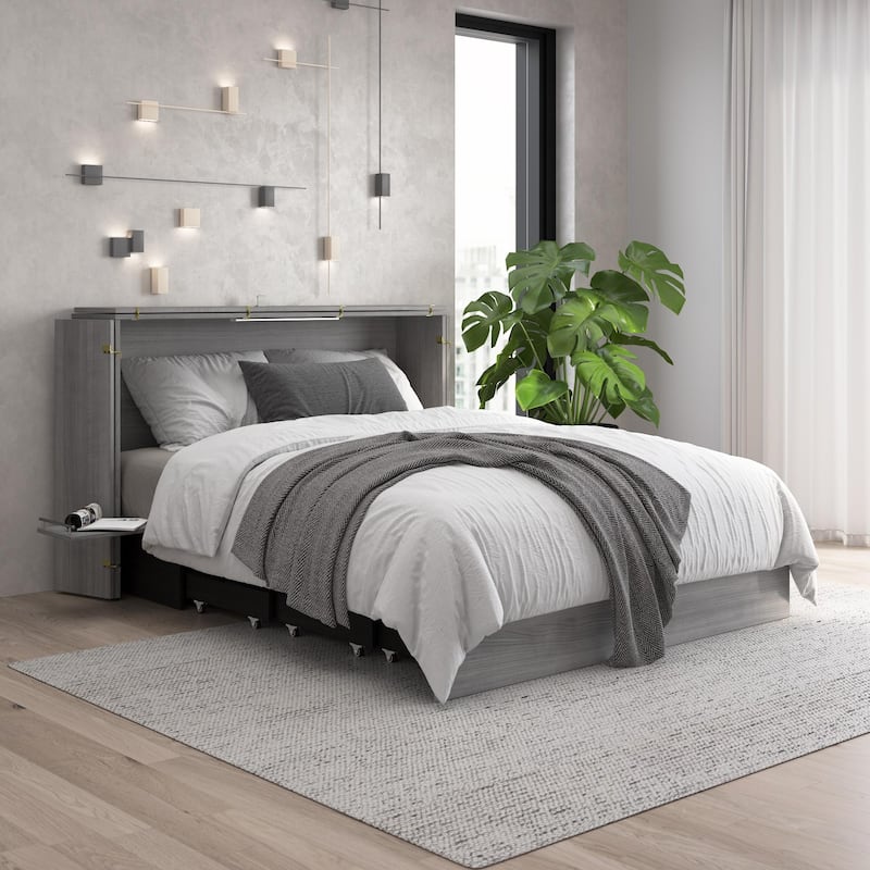 Bestar Borealis 63W Queen Murphy Cabinet Bed with Drawer and Mattress