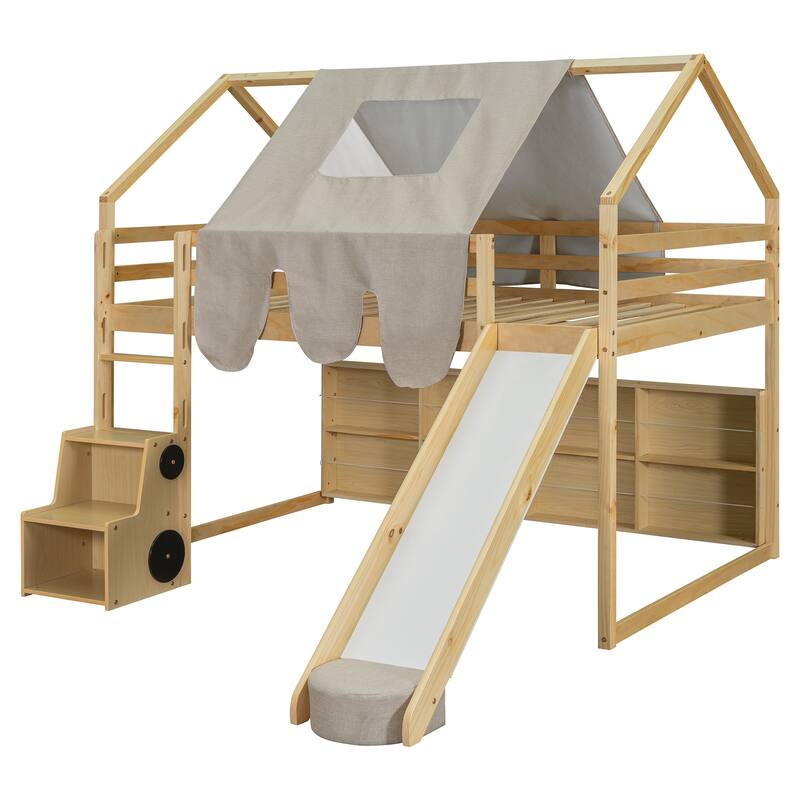House-shaped Wooden Loft Bed with Tent, Slide, Ladder and Shelves