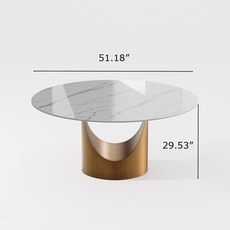 Modern Round Dining Table for Diningroom，White Glossy Stone Tabletop,Bronze Carbon Pedestal