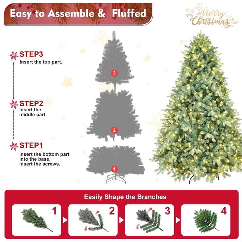 7.5FT Blue-Green Tint Pre-Lit Christmas Tree with 800 Warm White LED Lights-2908 PE+PVC Tips,Hinged Branches,Sturdy Metal Stand