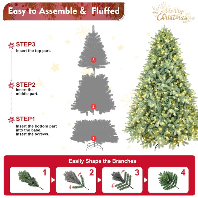 8FT Blue-Green Tint Pre-Lit Christmas Tree with 900 Warm White LED Lights - 3308 PE+PVC Tips, Hinged Branches,Metal Stand
