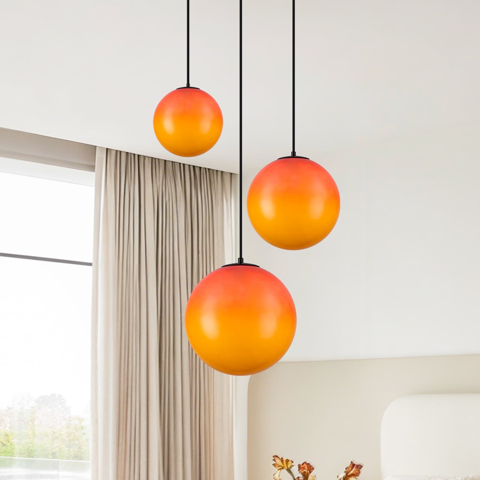 3 Light Black and Orange Gradient Glass Globe Pendant Adjustable - 3-Lights