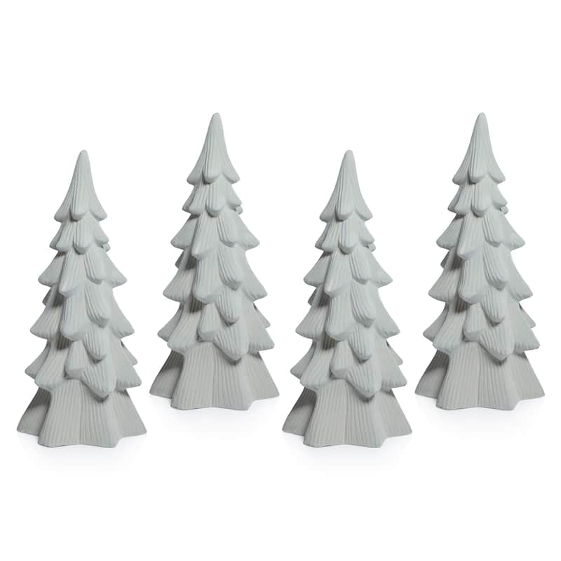 Snow-Covered Flocked Ceramic Decorative Trees, Holiday Tabletop Décor, Set of 4
