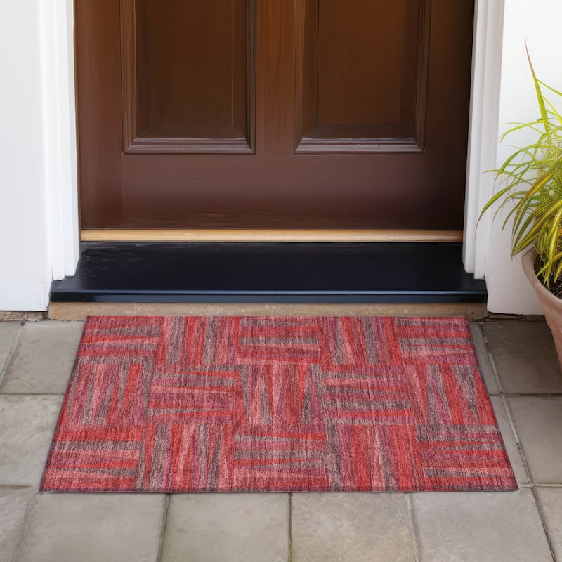 Machine Washable Indoor/ Outdoor Contemporary Mosaic Chantille Rug - Red - 1'8" x 2'6"