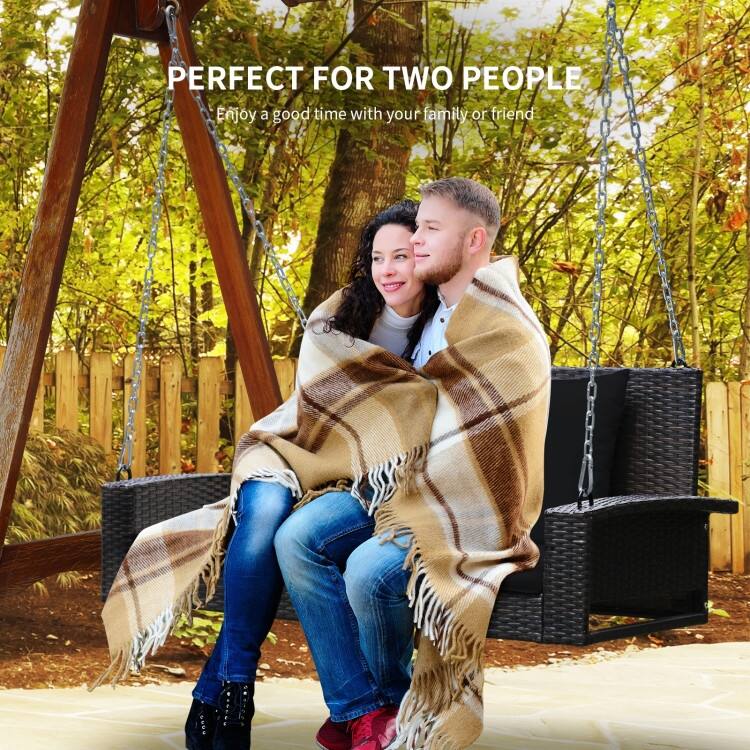 2-Person Wicker Hanging Porch Swing with 2 Back Cushions and 1 Seat Cushion - 50" x 22" x 20.5" (L x W x H)