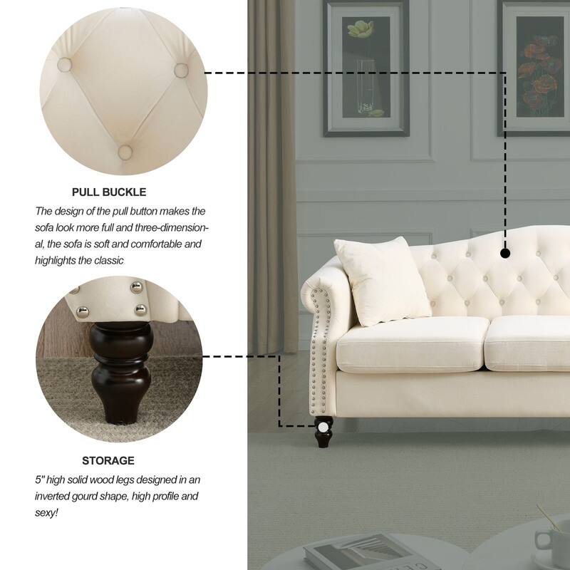 Chesterfield Sofa Velvet for Living Room, 3 Seater Sofa Tufted Couch with Rolled Arms and Nailhead, two pillows 