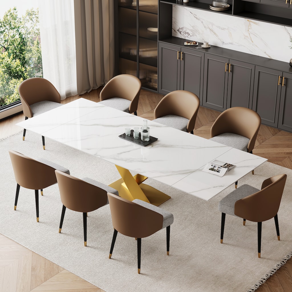9 - Piece 94.48'' Rectangular Extendable Sintered Stone Dining Table with 8 Faux leather Chairs Dining Set