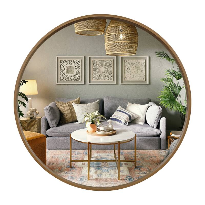 High Quality Wooden Frame Farmhouse Traditional Style Round Wall Mirror - 32 inches - Light Oak