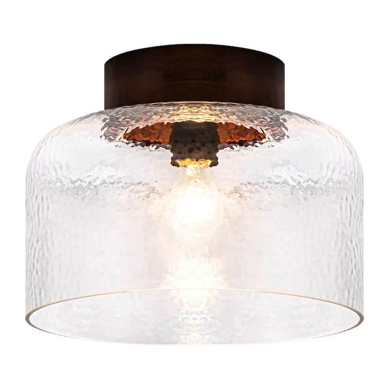 1-Light Wood Flush Mount Ceiling Light with Clear Textured Glass Shade - Dia.11.81-in