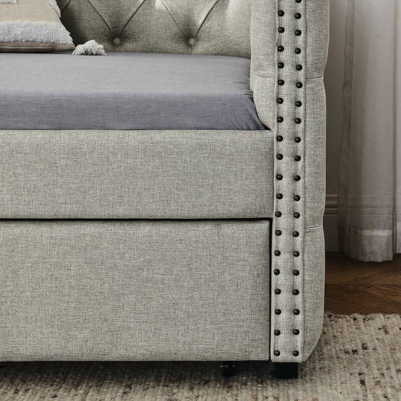 Tufted Daybed Upholstered Frame Sofa Bed with Button Copper Nail on Square Arms, and Pull-out Trundle Bed or Storage Drawers