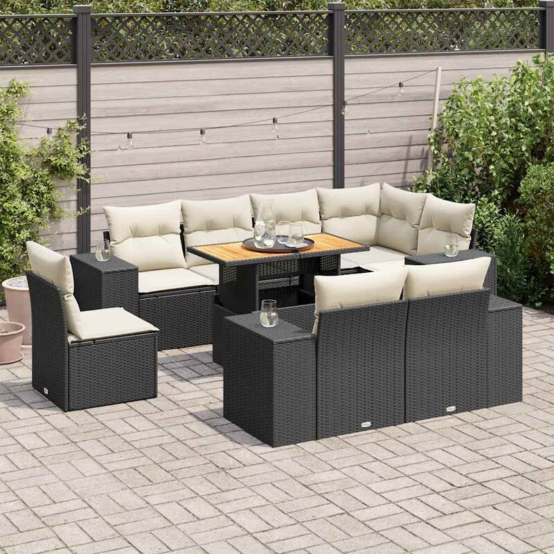 vidaXL Patio Sofa Set with Cushions Sofa Sections and Table 9 Piece Poly Rattan - 21.7 x 39.4 x 28.7 - Black and cream