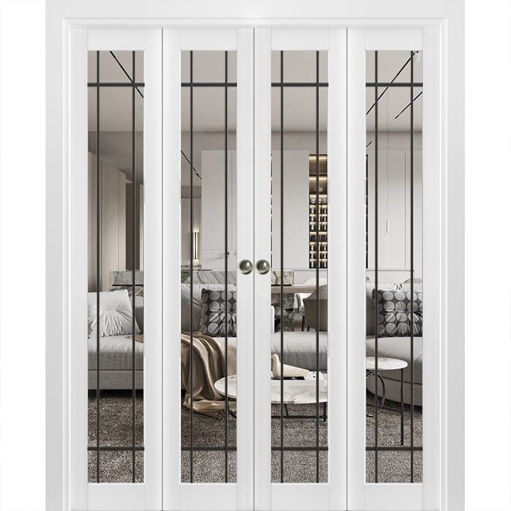 Double Bi-fold Doors Lucia 2266 White Silk Clear Glass Sturdy Tracks - White - 72" x 96" (4* 18x96)