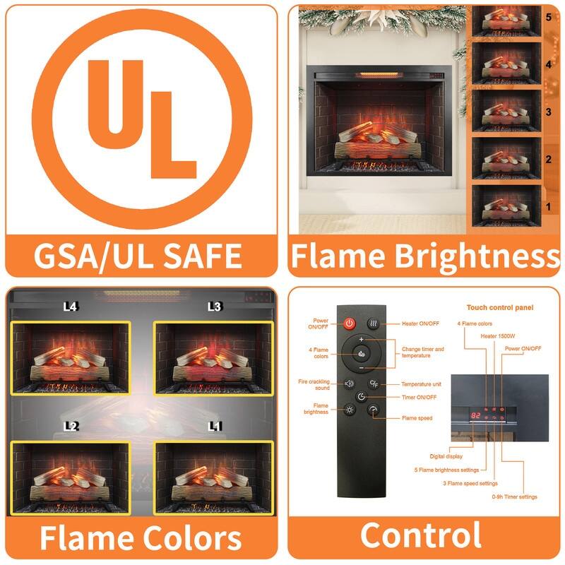 18/23/33 Inch Electric Fireplace Insert Ultra Thin Heater with Set Realistic Flame Touch Remote Control Overheating Protection