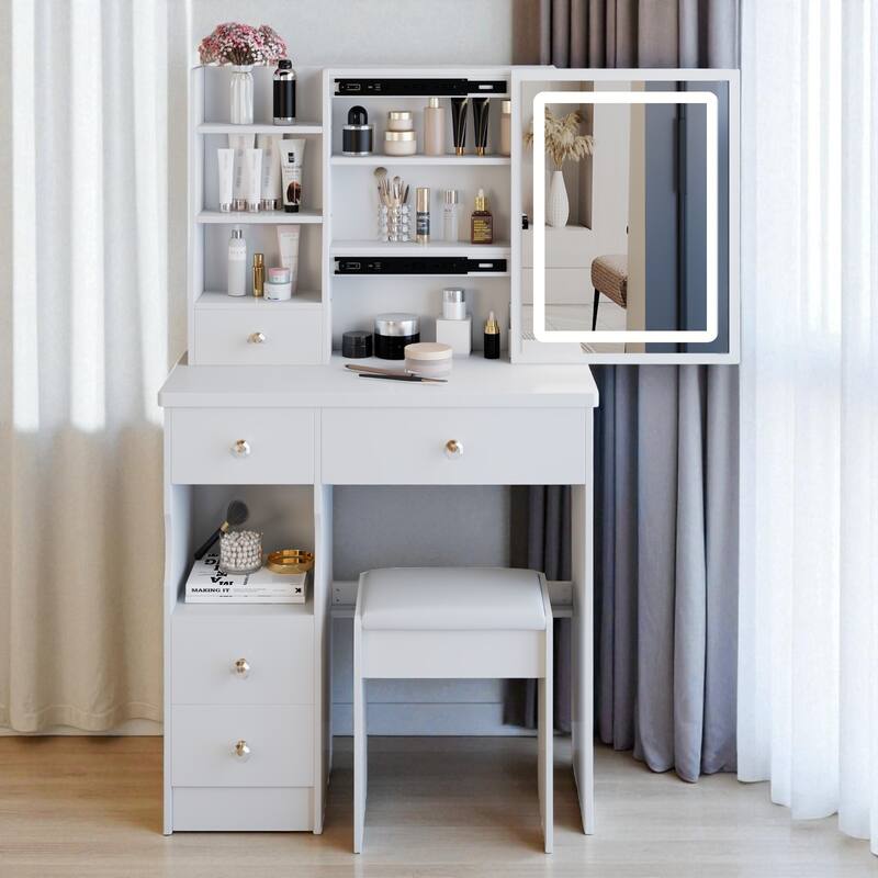 Small Vanity Desk with LED Mirror and Stool, 29.2" Dressing Table with Drawer and Adjustable Lighting