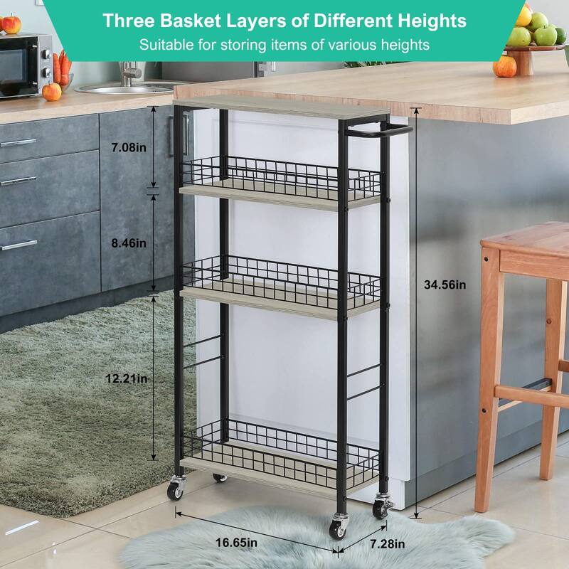 Slim Storage Cart 4 Tier Slim Rolling Cart on Wheels Mobile Narrow Kitchen Cart with Wooden Tabletop