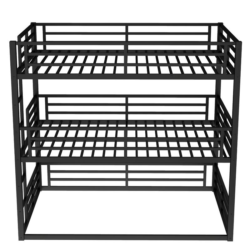 Roomfitters Twin/Full/ Queen Metal Triple Bunk Bed with Safety Guardrails, Heavy-Duty Noise-Reduced Frame, Black