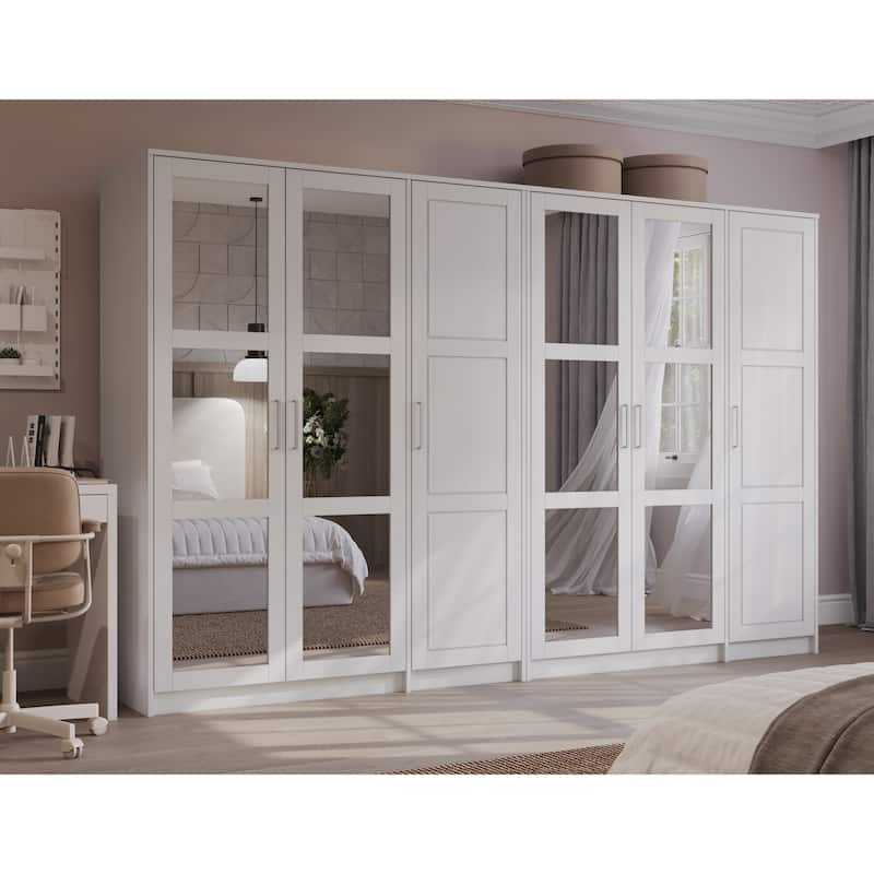 Palace Imports 100% Solid Wood Urban 6-Door Wardrobe with Solid and Mirrored Doors - White-Mirrored