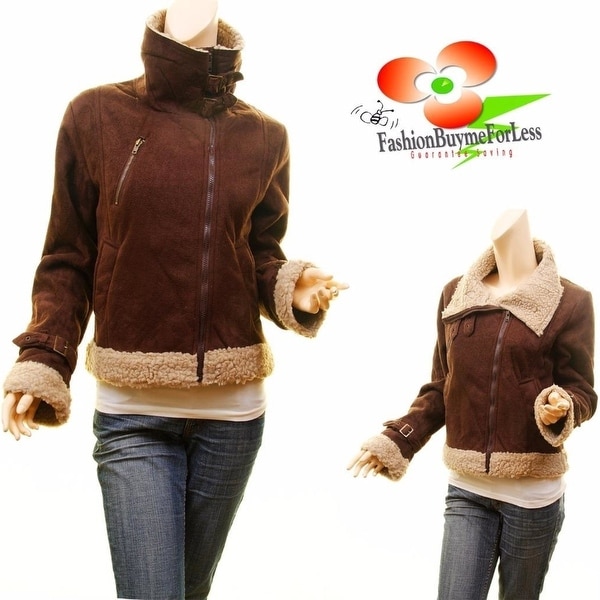 Brown Faux Lamb Suede Leather Shearling Aviator Bomber Coat Belted Jacket Top. Opens flyout.