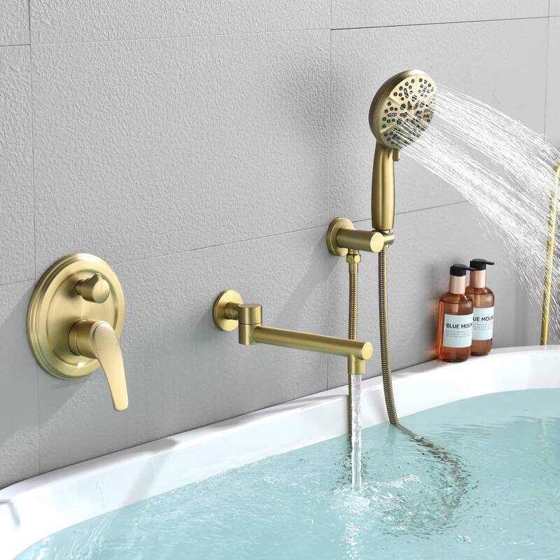 Wall Mounted Tub Filer With Hand Shower Single Handle Tub Faucet With sprayer Modern Bathtub Faucet Set With Tub Spout And Valve - Brushed Gold
