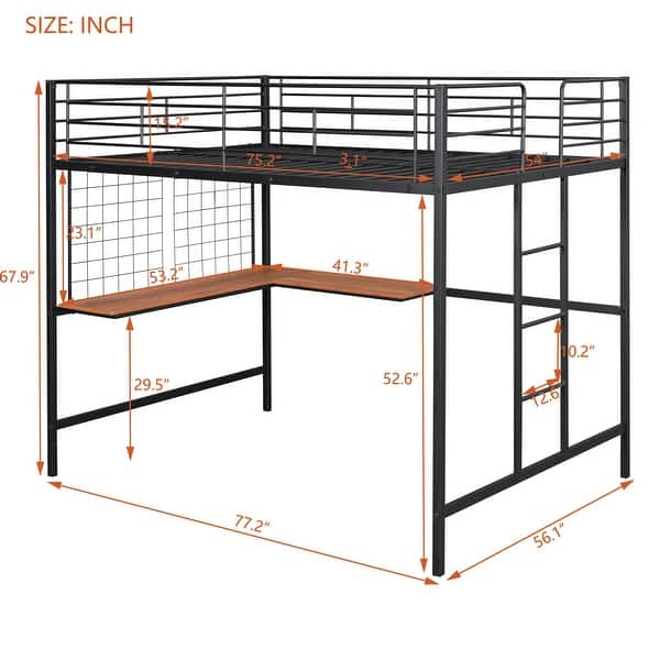 Full Size Metal Loft Bed with Built-in Desk and Grid, Black