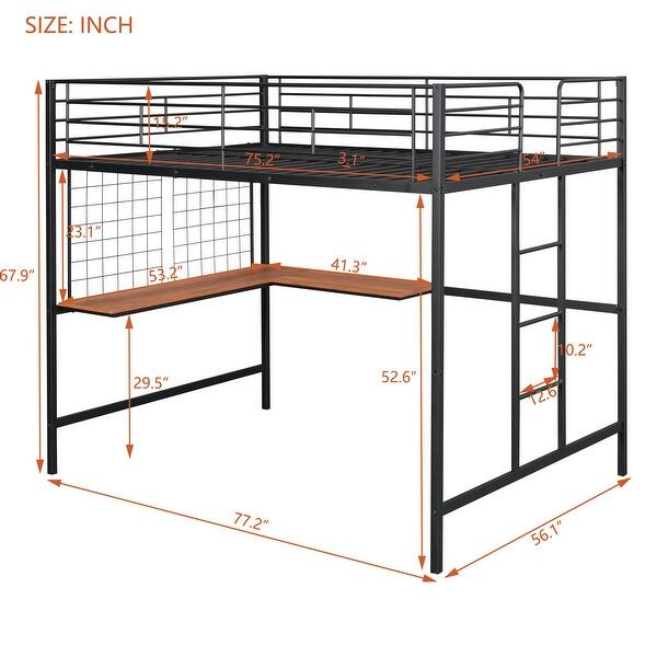 dimension image slide 1 of 2, Sturdy Full Metal Loft Bed with Desk and Guardrail