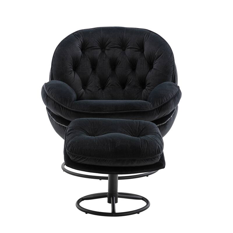 Velvet Swivel Accent Chair with Ottoman & Metal Legs (360° Rotation)