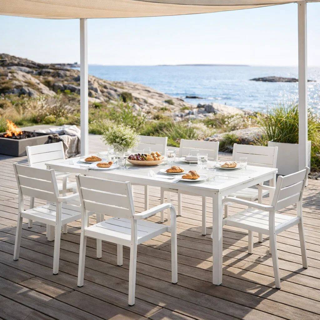 Cora 21 Inch 4 Piece Armchairs and 2 Side Chairs Set, White Aluminum Frame