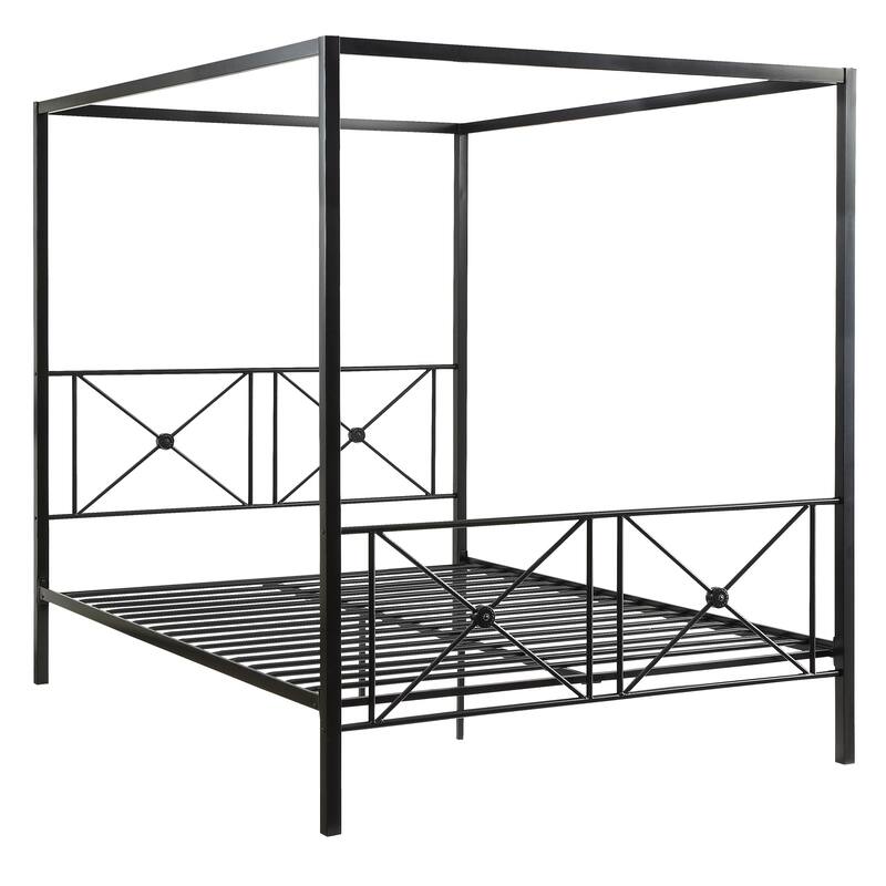 Twin/Queen Size Metal Canopy Platform Bed Frame with Double X-Framing, Black Finish, and Medallion Accents.