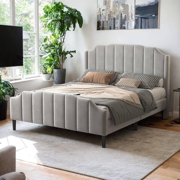 Queen Size Velvet Fabric Upholstered Platform Bed with Headboard and