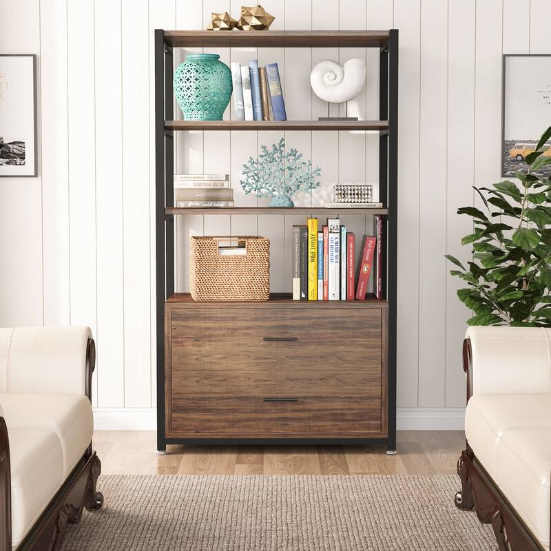 Brown Industrial Bookshelf with 2 Drawers, 5-Tier Bookcase with Open Shelf, Display Decorative Shelf for Living Room Office